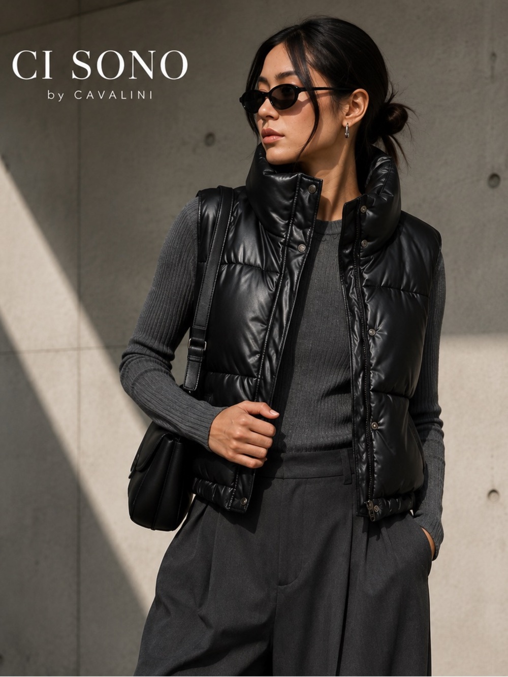 Ci Sono Cavalini Faux Leather Puffer Vest Black Cropped Moto Women’s Large